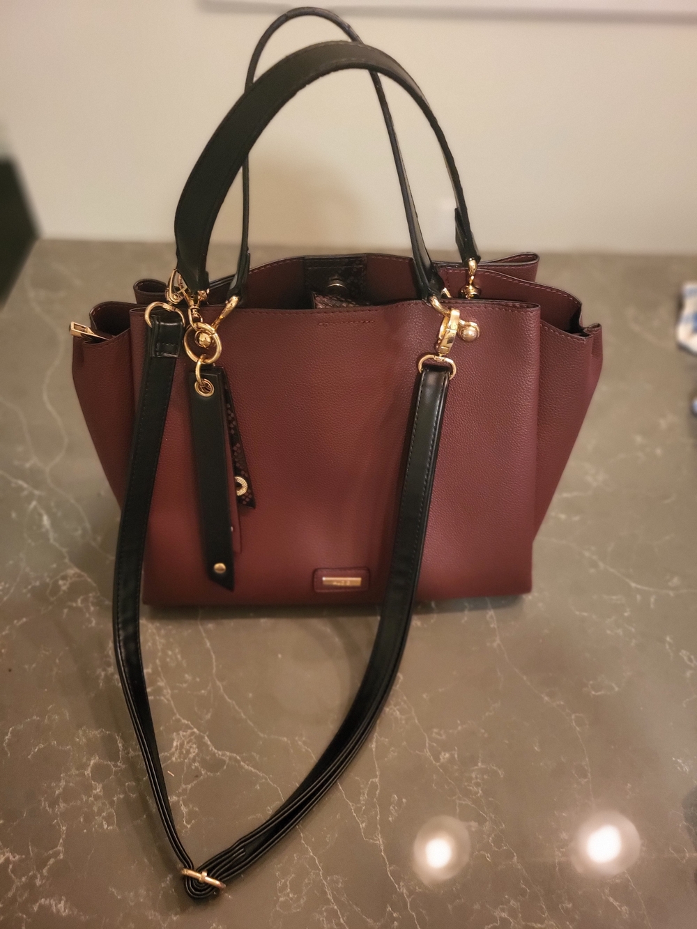 ALDO Structured Midi Tote Bag in Burgundy and Black